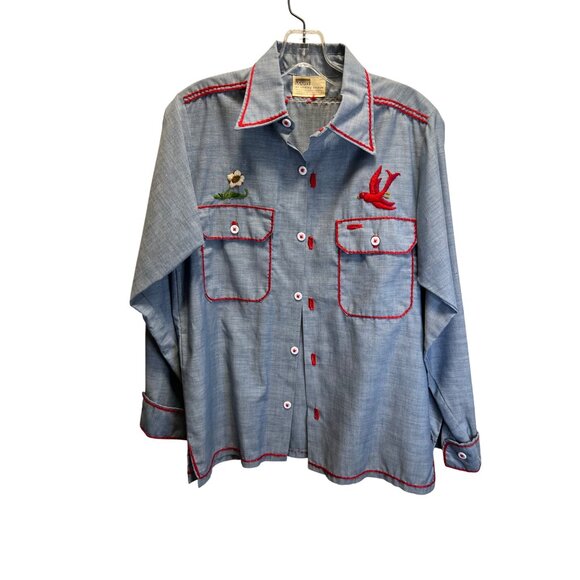 Vintage Montgomery Ward Embroidered Chambray Shirt Red Stitching Floral & Bird D - Picture 12 of 13